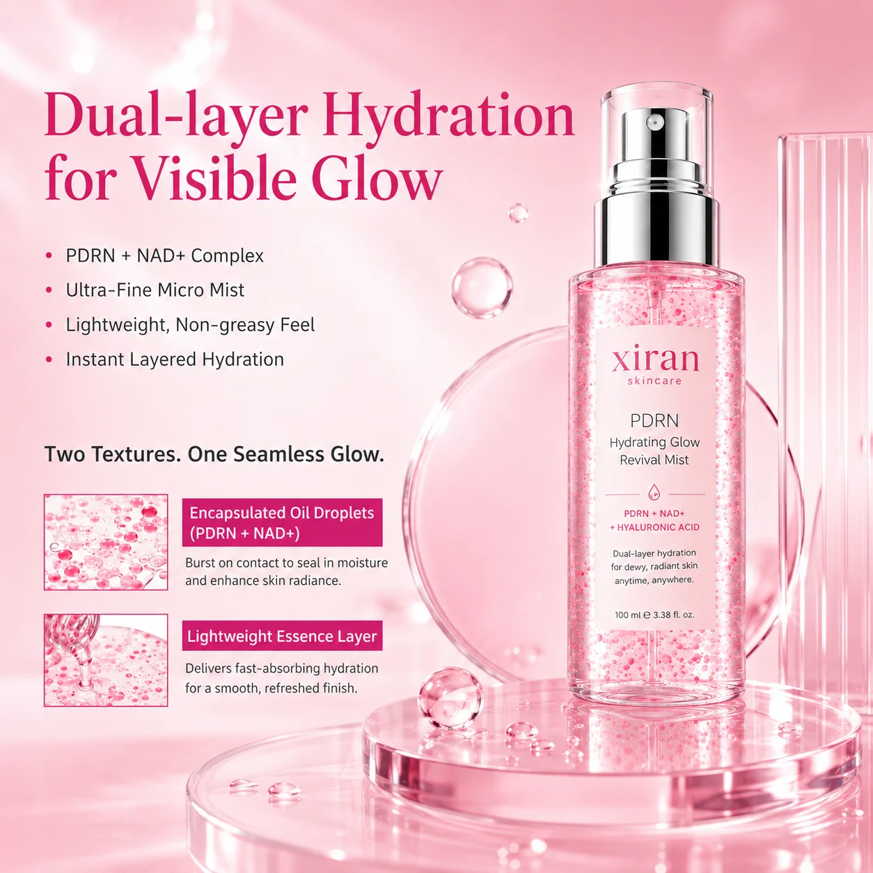 A pink dual-layer hydration mist bottle labeled Xiran PDRN Hydrating Glow Revival Mist, surrounded by water droplets and minimalistic elements.